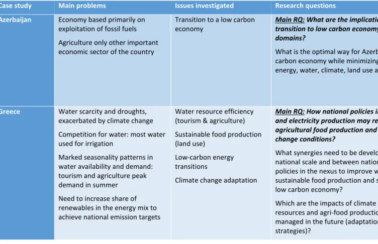 Table 3 Main nexus problems, issues investigated, research questions and nexus policy areas per each case study 