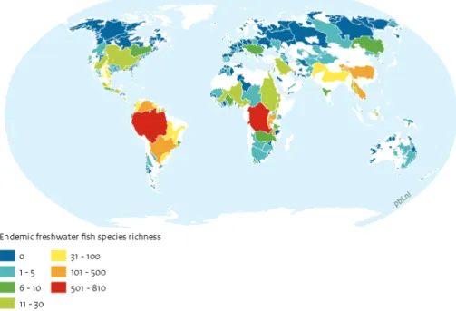 Figure 8. Aquatic ecological hotspots around the world, characterised by endemic freshwater fish species richness (see  also the background document on freshwater aquatic-ecological risks) 