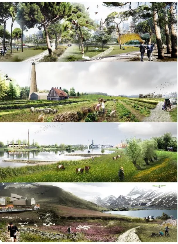 Figure 7. Artist impressions showing what landscapes could look like in urban, rural, river  and natural areas, from the Working with Nature perspective (designed for PBL by AENF  Visuals) 