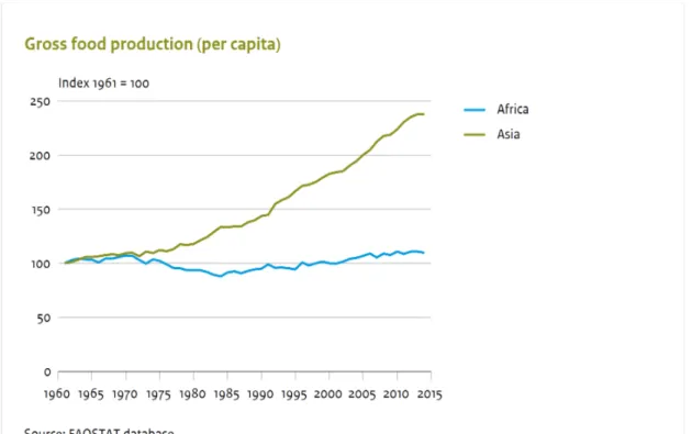 Figure 1.1 The gross per capita production index of food in Asia and Africa, 1961–2013 at national level  (Source FAOSTAT database) 