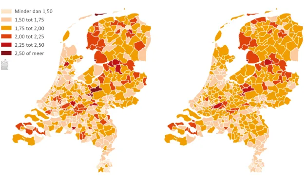 Figuur 2.1 toont de TFR per gemeente in 2013. Op de linker kaart wordt per gemeente de  waarde vóór filtering getoond