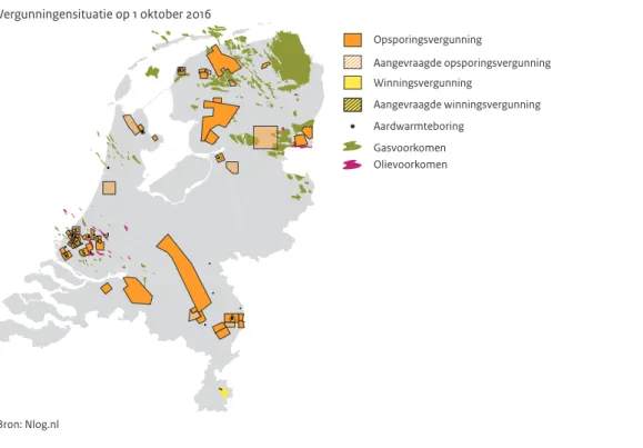 Figuur 3.8 Aardwarmte in Nederland Bron: Nlog.nl Vergunningensituatie op 1 oktober 2016 OpsporingsvergunningWinningsvergunningAardwarmteboringGasvoorkomenOlievoorkomen Aangevraagde opsporingsvergunningAangevraagde winningsvergunning