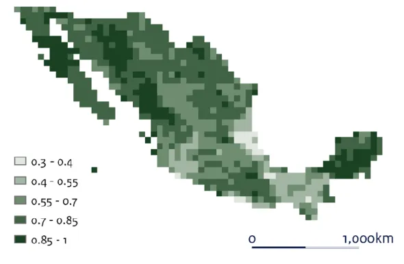 Figure 3.1 MSA in Mexico as function of land use and infrastructure (roads), based  on the GLOBIO land-use map