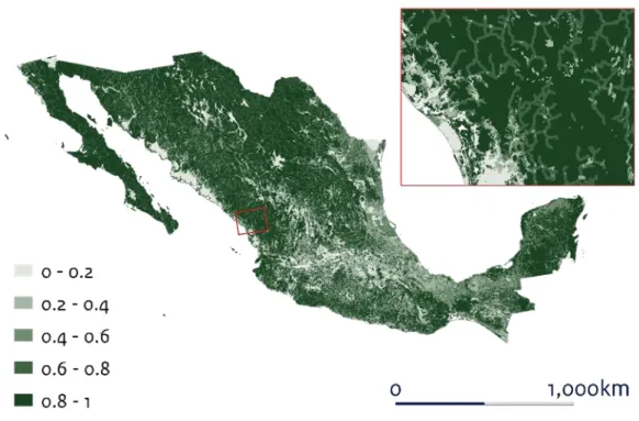 Figure 3.2 MSA in Mexico as function of land use and infrastructure (roads), based  on the aggregated vector-based land-use map