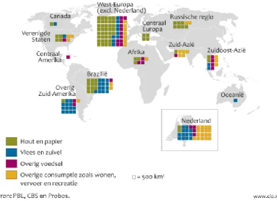 Figuur 1. Een groot deel van de landvoetafdruk betreft landbouwarealen in West-Europa en  Zuid-Amerika voor akkerbouw en veeteeltproducten