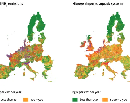 Figure 2.2 Geographical distribution of NH 3 emission (left) over EU-27 and total input to the aquatic system (right) [kg N km -1 yr -1 ]
