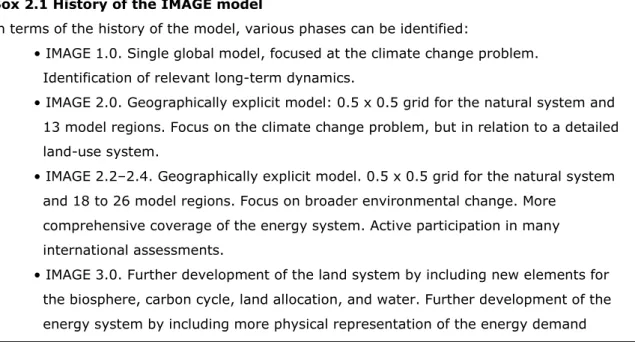 Table 2.1 provides a summary of applications in each of these categories. The success of the  IMAGE model in the past is illustrated by the list of applications in each category, including  the list of EU-funded projects, the participation of IMAGE researc