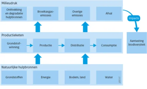 Figuur 1.2 Relatie van consumptie en productie met het gebruik van natuurlijke hulpbronnen,  milieudruk en biodiversiteitsverlies