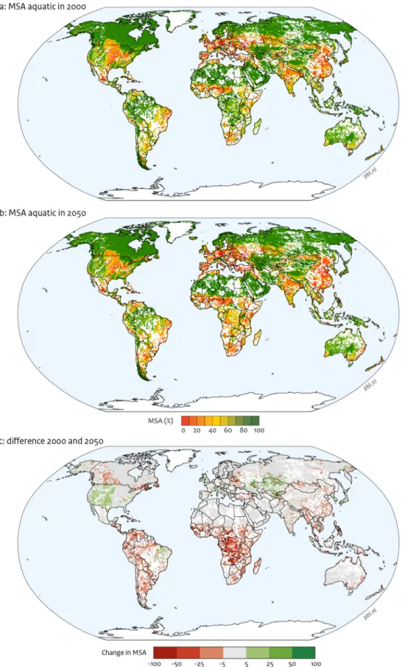 Fig. 7 – Maps of the mean freshwater MSA for (a) 2000 and (b) 2050 (OECD baseline scenario)