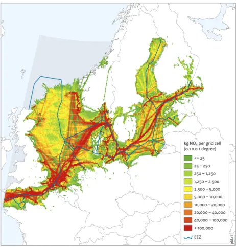 Figure 2.1 Nitrogen oxide emissions at the North Sea and the Baltic Sea (sea  boundaries of the Exclusive Economic Zones are shown)