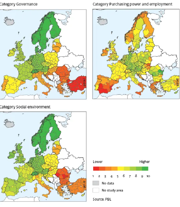 Figure 3 Maps of Europe for RQI categories Governance, Purchasing power and  employment, and Social environment  