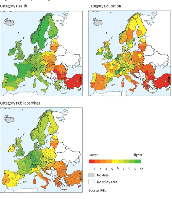 Figure 4 Maps of Europe for the RQI categories Health, Education and Public  services