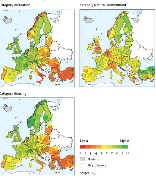 Figure 5 Maps of Europe for the RQI categories Recreation, Natural Environment  and Housing