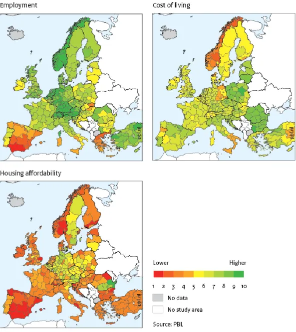Figure 12  Maps of Regional Quality of Living indicators of the RQI category  