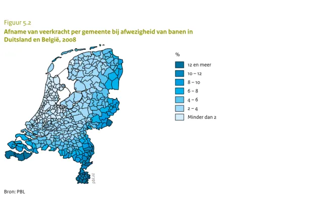 Figuur 5.2 laat de relatieve afname van de veerkracht van  regionale arbeidsmarkten zien in een situatie waarin de  mogelijke banen in België en in Duitsland niet 