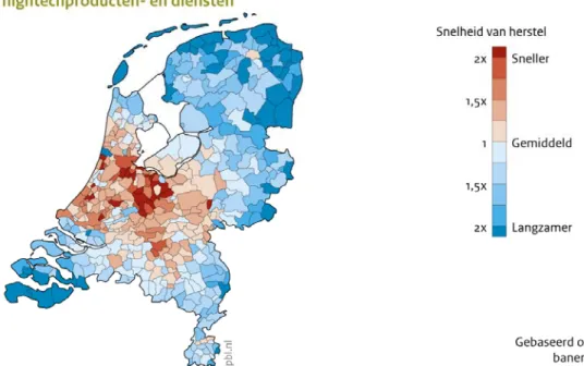 Figuur 2 laat ook zien dat de gemeenten binnen Noord-Brabant verschillen in veerkracht: de  gemeenten in het westen zijn minder goed in staat om te herstellen van een schok dan de  noord- en zuidoostelijke gemeenten