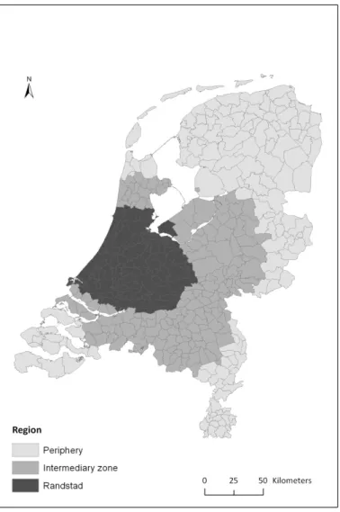 Figure 1: distinction between three regions in the Netherlands (source: Lisa, 2007). Visualisation by PBL  Netherlands Environmental Assessment Agency
