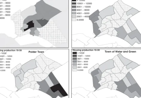 Figure 8.2   Clockwise from top left: housing supply in 2010, housing  production between 2010 and 2030 in the scenarios Almere  Water Town, Almere Town of Water and Green and Almere  Polder Town