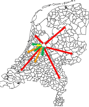 Figuur 2.2  Verschillende reikwijdtes voor de Schaalsprong Almere: Nederland (rood),  Randstad (oranje), Noordvleugel (groen) en Amsterdam (geel) 