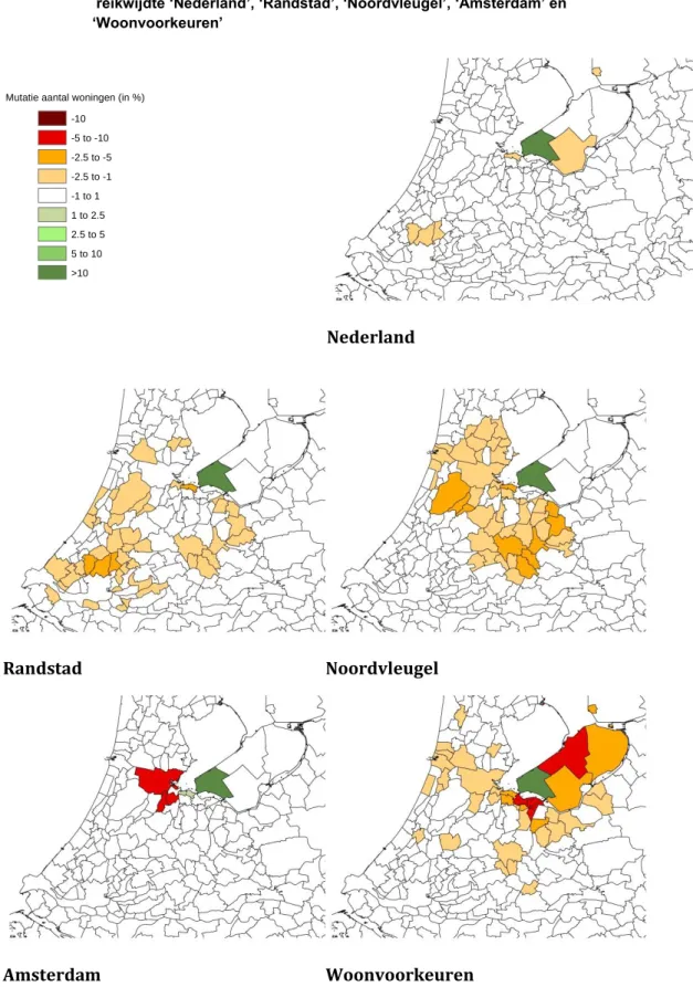 Figuur 3.1  Relatieve verandering aantal woningen als gevolg van de Schaalsprong Almere   reikwijdte ‘Nederland’, ‘Randstad’, ‘Noordvleugel’, ‘Amsterdam’ en 