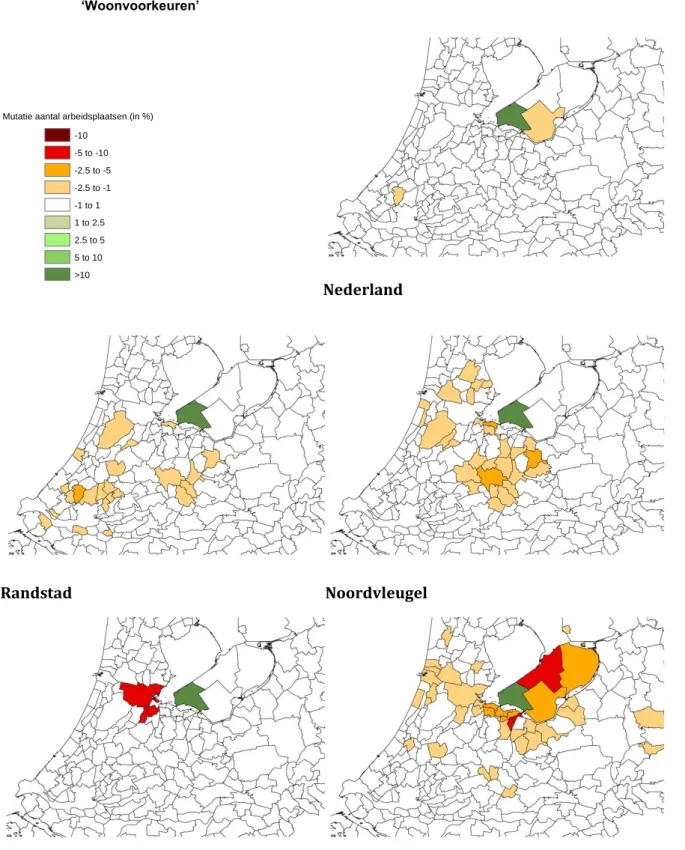Figuur 3.3  Relatieve verandering aantal arbeidsplaatsen als gevolg van de Schaalsprong  Almere reikwijdte ‘Nederland’, ‘Randstad’, ‘Noordvleugel’, ‘Amsterdam’ en 
