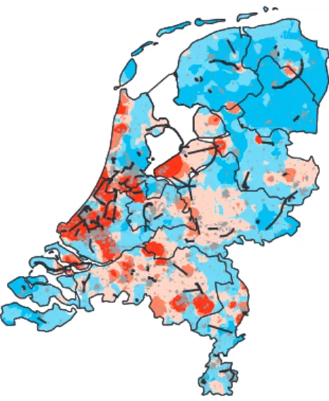Figuur 3.4 laat zien dat de agrarische grondprijs vooral  hoog is rond de steden in de Randstad en Noord-Brabant; 