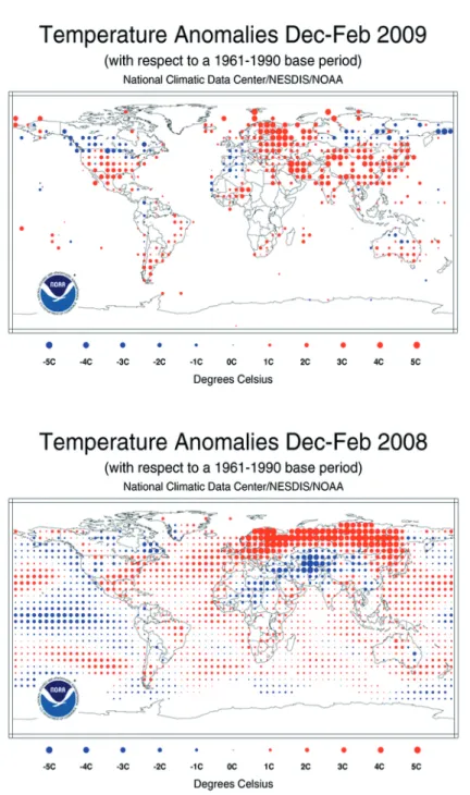 Figure A3.1 Comparison of global temperature anomalies in the winters of 2008 and 2009
