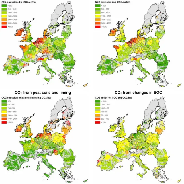 Figure 7.  Spatial distribution of the different greenhouse gas emissions over Europe