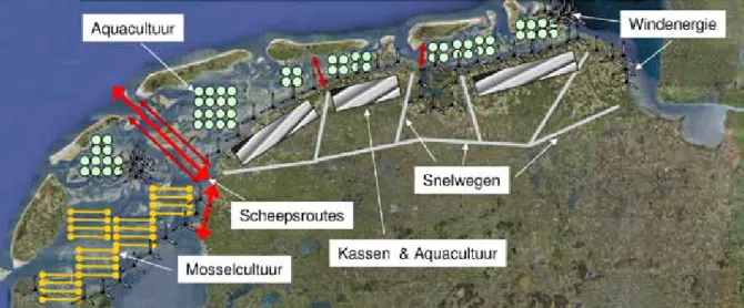 Figuur 5.5 geeft als illustratie een ruimtelijke impressie van de  wijze waarop deze kijkrichting uit zou kunnen pakken voor  het Waddengebied.  Uitwerking van de kijkrichting ecosysteemdiensten voor het Waddengebied. Hierin is het toerisme geheel  verplaa