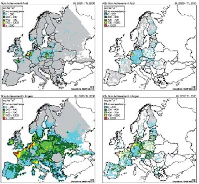 Figure 1.13  The likelihood that the Average Accumulated Exceedance (AAE) of nutrient nitrogen in an EMEP grid  cell exceeds zero in 2000 (left), 2020 (middle) and 2030 (right), that is, that it contains at least one ecosystem for  which the critical load 