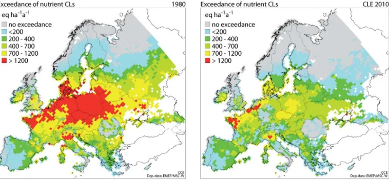 Figure 4.3  Geographic variation in the exceedance in critical N loads, using N-deposition values of 1980 (left), and  the Current Legislation scenario (right).