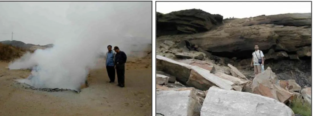 Figure 1   Strong gas emission through sinkhole above a subsurface coal fire (left) and coal fire induced  bedrock collapse (right), both in Wuda, Inner Mongolia, China