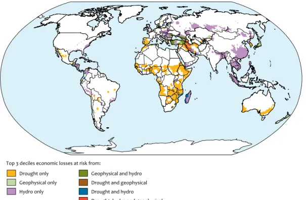Figure 2.10 shows the global distribution of high risk hazard  hotspots. Natural hazards have an impact on food security,  water supply, health, income and shelter (Brock 1999)