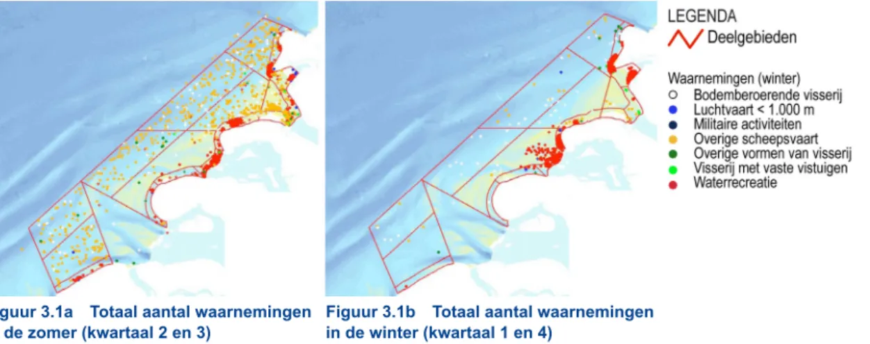 Figuur 3.1a  Totaal aantal waarnemingen  Figuur 3.1b  Totaal aantal waarnemingen  in de zomer (kwartaal 2 en 3)  in de winter (kwartaal 1 en 4)