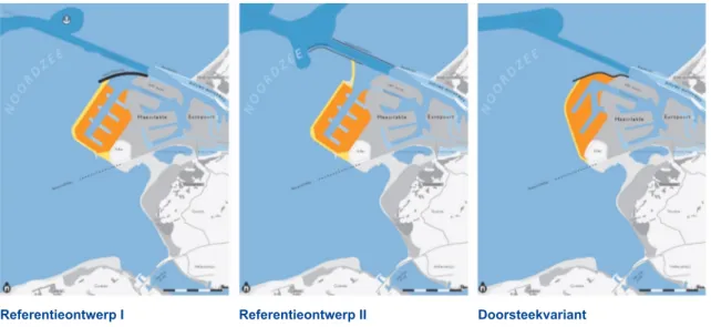 Figuur 3.4  Varianten voor de aanleg van de Tweede Maasvlakte. Bron: Projectbureau Mainport- Mainport-ontwikkeling Rotterdam.