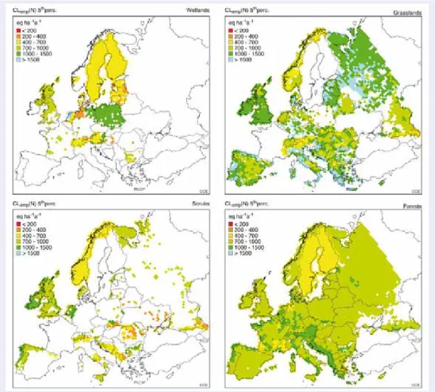 Figure 2-3  Empirical critical loads of nitrogen for the ecosystem types Wetlands (Top-left),  Grasslands (Top-right), Scrubs (Bottom-left) and Forests (Bottom-right).