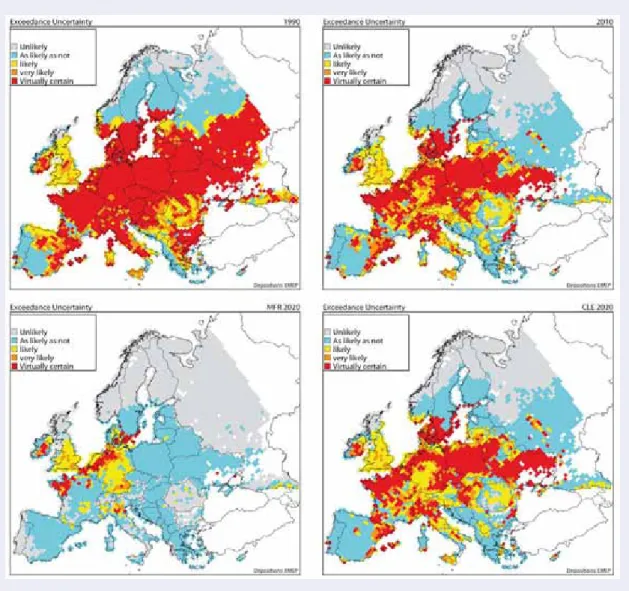 Figure 2-13  Likelihoods of exceedances of critical loads of nitrogen for (clockwise, starting with  the upper left map) 1990, 2010 with current legislation (CLE), 2020 CLE, and 2020 with a scenario  implementing maximum feasible reductions (MFR).