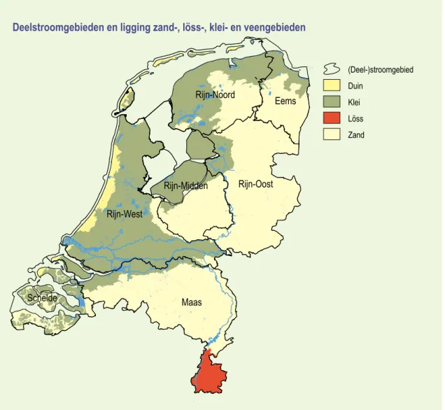 Figuur 2.1 (Deel-)stroomgebieden en de ligging van zand-, löss-, klei- en veengebiedenMaasRijn-WestRijn-OostRijn-NoordRijn-MiddenEemsSchelde