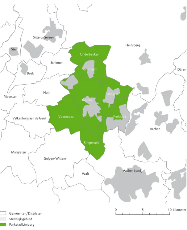 Figuur 5. Overzichtskaart Parkstad Limburg. Bron: esRi Gemeenten/Districten Stedelijk gebied Parkstad Limburg )FJOTCFSH &#34;BDIFO&#34;BDIFO	TUBE %ÕSFO/VUI)FFSMFO(VMQFO8JUUFN7BBMT.BSHSBUFO4JUUBSE(FMFFO#FFL4UFJO7PFSFOEBBM4DIJOOFO,FSLSBEF-BOEHSBBG#SVOTTVN