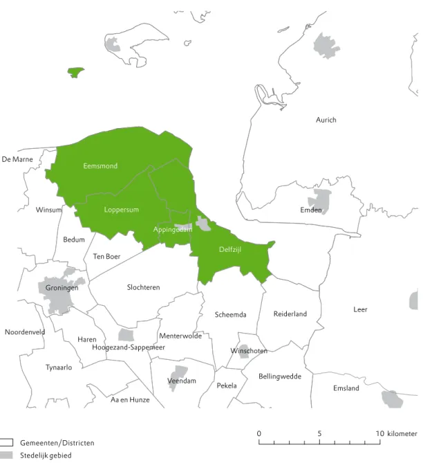 Figuur 6. Overzichtskaart Eemsdelta. Bron: esRi Gemeenten/Districten Stedelijk gebied Eemsdelta &#34;VSJDI -FFS&amp;NEFO&amp;NTMBOE%FMG[JKM&amp;FNTNPOE4MPDIUFSFO5ZOBBSMP4DIFFNEB-PQQFSTVN3FJEFSMBOE)BSFO8JOTVN(SPOJOHFO.FOUFSXPMEF#FEVN7FFOEBN#FMMJOHXFEEF5FO#