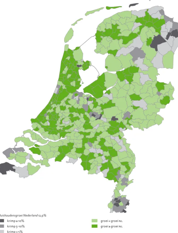 Figuur 1. Prognose ontwikkeling van het aantal huishoudens in Nederland, 2005-2025, naar gemeente