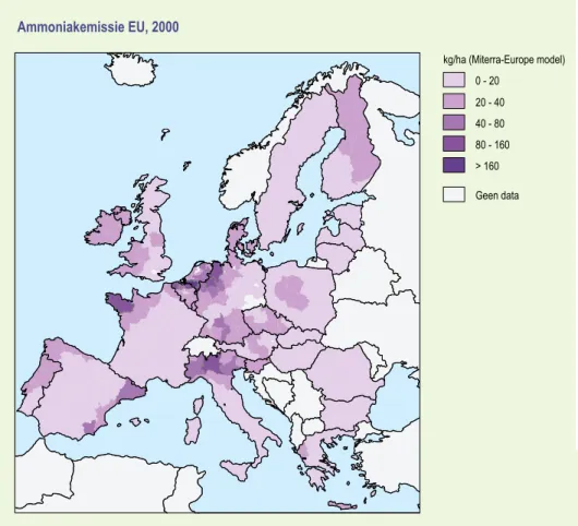 Figuur 3.3  De regionale emissie van ammoniak (kg ammoniak per ha) in het jaar 2000 volgens  berekeningen voor de National Emission Ceiling-richtlijn met behulp van het MITERRA-EUROPE-  model (Velthof et al., 2007,) gebruikmakend van RAINS-data