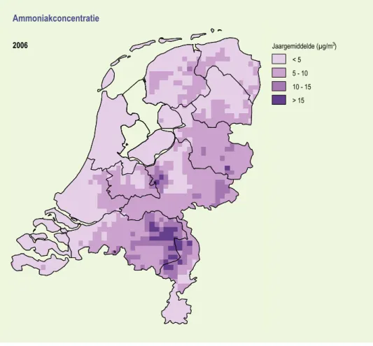 Figuur 4.1  De jaargemiddelde ammoniakconcentratie in Nederland in het jaar 2006. 