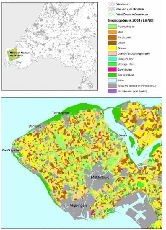 Figuur 1.8 - Ligging van het Nationaal Landschap Zuidwest-Zeeland (Walcheren, Zak van  Zuid-Beveland en West Zeeuws-Vlaanderen) en grondgebruik Walcheren 