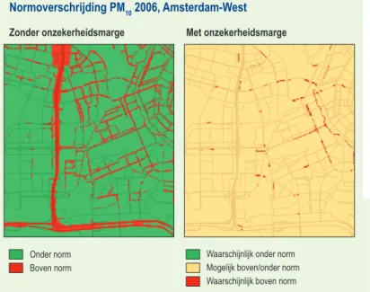 Figuur 2  Illustratie van gebieden met normoverschrijding  in de Randstad, zonder onzekerheidsmarge (links) en met  onzekerheidsmarge (rechts).Zonder onzekerheidsmargeOnder normBoven normNormoverschrijding PM10  2006, Randstad Met onzekerheidsmarge