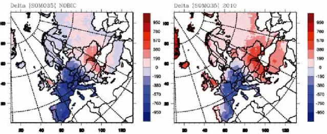 Figure 3: Hemispheric ozone developments could increase the challenge. The left figure shows the calculated effects  of current legislation in Europe on the changes in the sum of the mean ozone values over 35 ppb in rural areas in  2020 assuming no increas