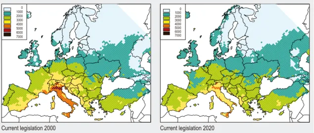 Figure 7: Ozone exposure in 2000 and 2020, with current legislation. Sum of the mean ozone values over 35 ppb in  rural areas (SOMO35) 