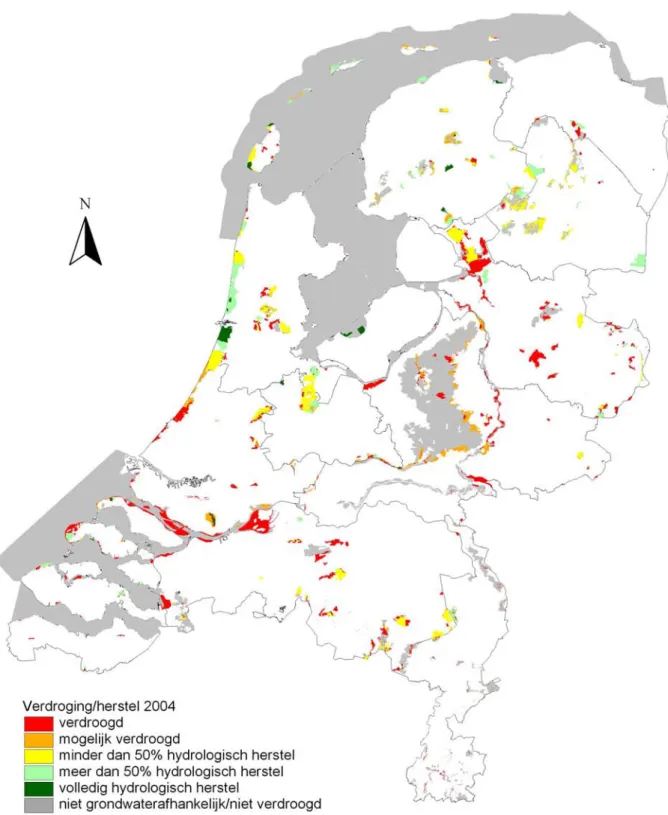 Figuur 2.9 Verdroging en herstel in de Natura 2000-gebieden volgend de Provinciale Verdrogingskaart 2004