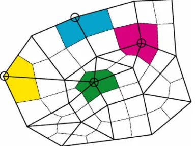 Figuur 2-2: Voorbeeld van een eindige-elementennetwerk van LGM, bestaande uit knooppunten,  elementen en invloedsgebieden