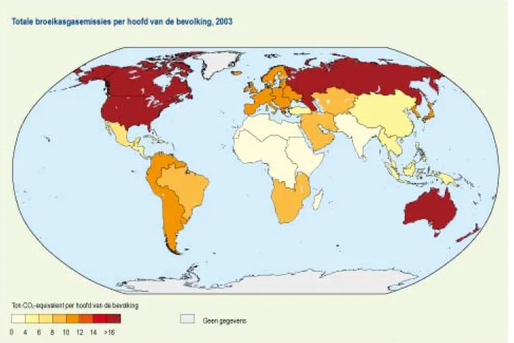 Figuur 1.10  Broeikasgasemissies per  hoofd van de bevolking door consumptie  per land, voor 2001 en 2040.